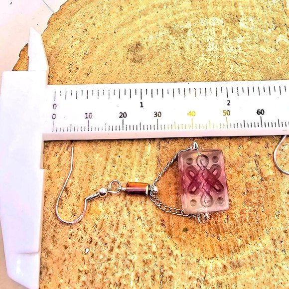 Nature Fluorite  Fret Symbols Block 925 Dangle Earring - Picture 7 of 10